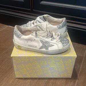 golden goose “old school” white and glitter sneakers